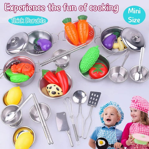 Kids Kitchen Pretend Play Toys Accessories with Stainless Steel Cookware Pots and Pans Set, Classic Cooking Utensils