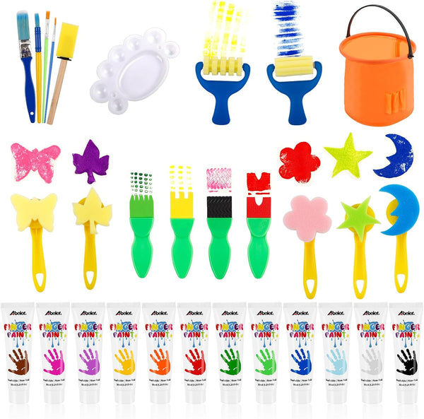 ABEIER Washable Finger Paint Kit for Toddlers, 12 Colors with Tools, Safe Non-Toxic Baby Paint for Kids 3+