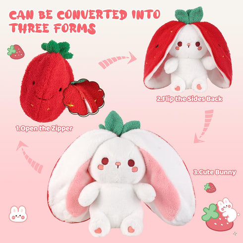 10-Inch Emoin Easter Reversible Bunny Stuffed Animal, Cute Strawberry-to-Bunny Transformed Plush Toy with Zipper, Soft