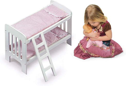 Badger Basket Toy Doll Bunk Bed with Gingham Bedding, Ladder, Personalization Kit for 20 Inch Dolls - White/Pink