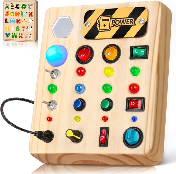 LED Busy Board, Wooden Sensory Toys for Toddler, Montessori Music Toy for Airplane, Educational Learning Toy