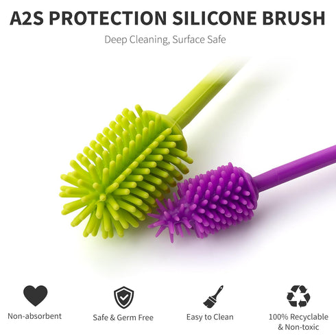 2 Set, A2S A-Brush Silicone Bottle Cleaner Brush, Piece Flexible, Long Handle - Water Bottle Cleaner, Baby Bottle