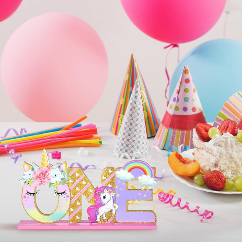 Unicorn One Letter Sign for 1st Birthday - Wooden Table Centerpiece Rainbow Party Decor & Photo Shoot Prop