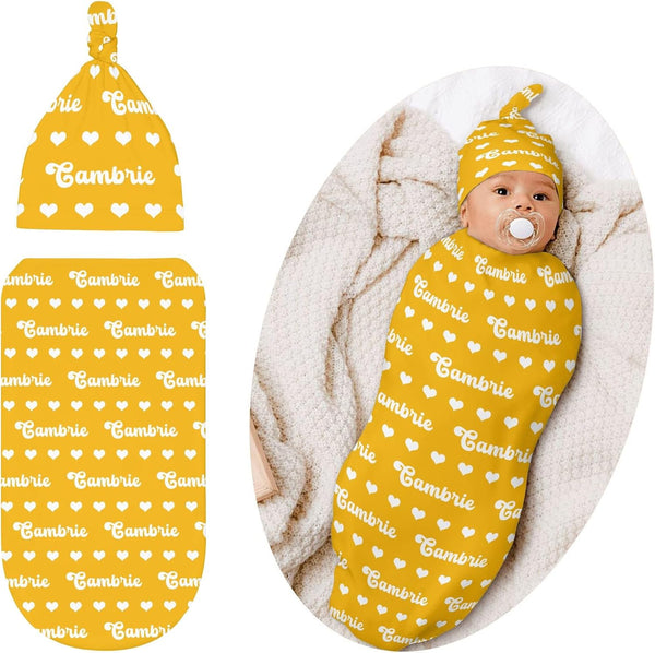 YallLocoMo Newborn Swaddle Blankets Hat Yellow Heart Name Sets Soft Baby Receiving Blanket