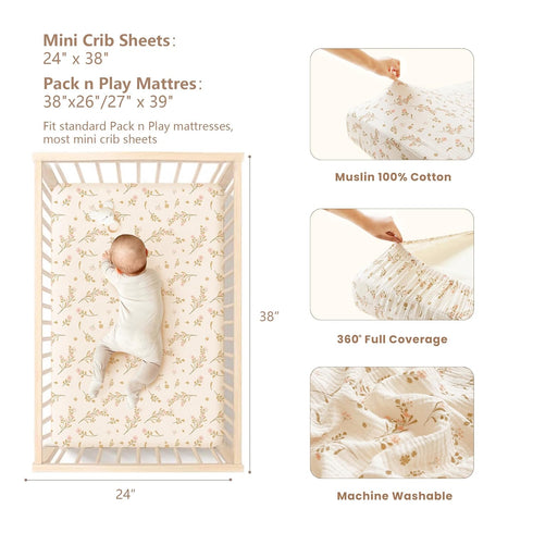 100% Pack Pack Konssy Muslin Mini Crib Sheets, Soft Cotton and Play Sheets for N Play Mattress, Playard Baby Crib