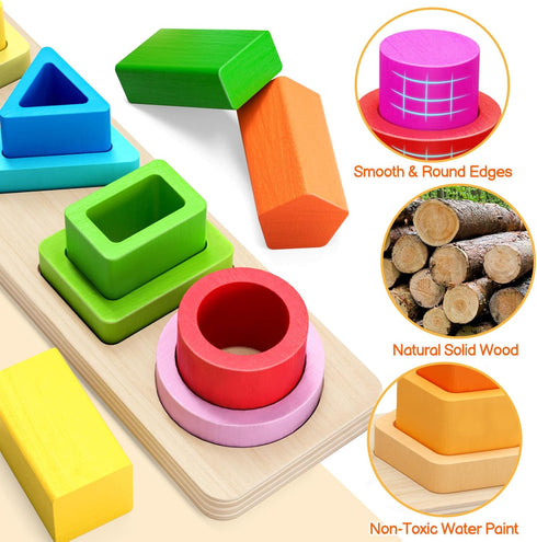 1 2 3 1-4 PEBIRA Montessori Toys for Year Old Boys Girls Toddlers, Heightened Peg-Free Wooden Stacking Toys, Shape