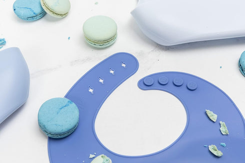 Baby Silicone Bibs Set of 3, Muted Blue, Waterproof, Durable, Adjustable for Infant Toddler Feeding