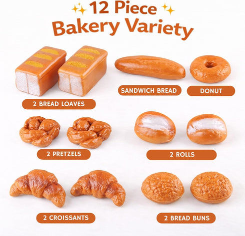 12 Set, Playset PCS Fake Bread Pastries Life Sized Plastic Pretend Play Food Toy Kids Bakery Grocery Kitchen