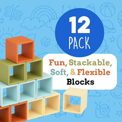 1-3 12 Pack, 2-Inch Impresa Blocks for Toddlers - Multicolor Silicone - Flexible Silicone Blocks for Sensory Play