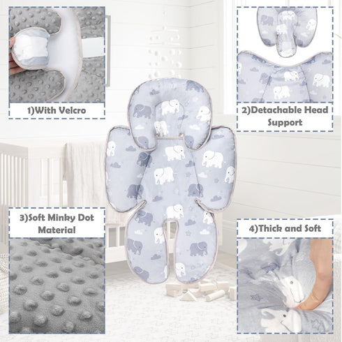 TANOFAR Infant Car Seat Head Support, Soft Baby Carseat Head & Body Support, Grey Elephant Baby Car Seat Insert Cushion