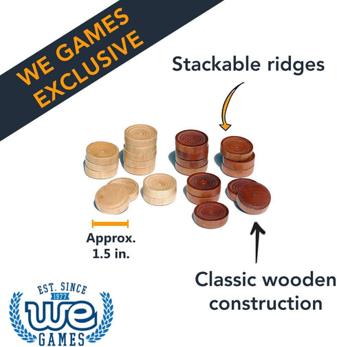 WE Games Wooden Checkers Pieces Only, 24 Stackable Brown and Natural Game Pieces with Drawstring Bag, 1.5 Inch Diameter
