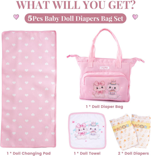 5 Set, BABESIDE Pcs Baby Doll Diaper Bag Cute Cat Patterns Baby Doll Accessories with Pink Dolls Diaper Bag Changing