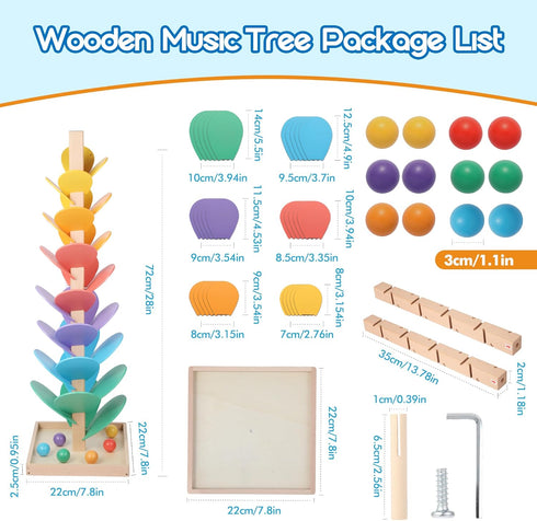 12 3cm Wooden Marble Run Music Tree, Tumble Leaf Montessori Rainbow Singing Tree with Sound, Includes Extra-Large