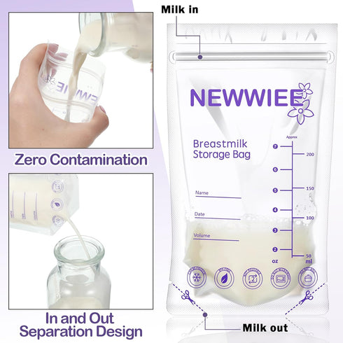 400 Count 7 oz Newwiee Breastmilk Storage Bags Leak Proof Double Zipper Seal Breast Milk Storing Bags Self Standing