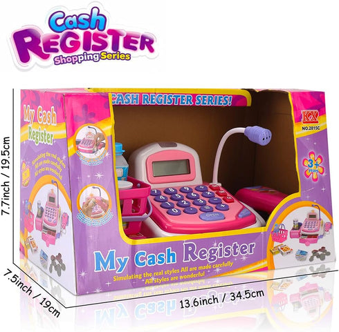 Pretend Play Pink Cash Register Toy - Learn & Play Shopping Kids Toys with Electronic Mic, Scanner, Calculator, Play