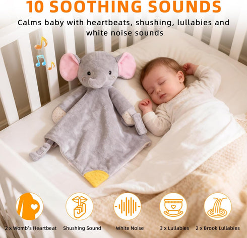 10 BEREST Elephant Baby Lovey Rechargeable Sleep Soother with White Noises (Heartbeat, Shushing & Lullabies) & Cry