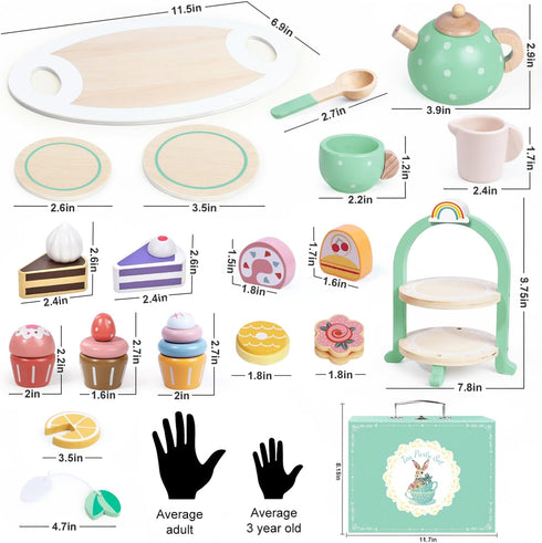 Set Set 2-5 Wooden Tea Party for Little Girls, Toddler Pretend Play Food Kitchen Toys, Wooden Tea Tray Cake Dessert