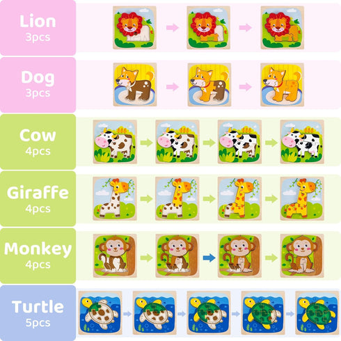 Wooden Puzzles for Toddlers Ages 1-3 - Montessori Toys with 6 Animal Patterns, Educational Learning Toys (6 Pack)