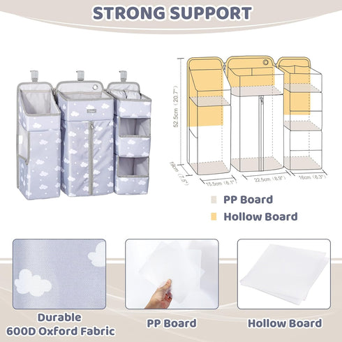 Orzbow XL Hanging Diaper Caddy Organizer, Removable 3 in 1 Diaper Stacker, Grey Cloud