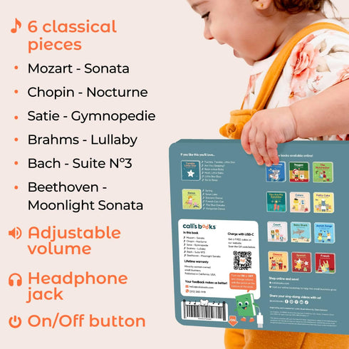 1-3, 6 Cali's Books Bedtime Musical Book for Babies and Toddlers USB-C Rechargeable, Headphone Jack, Classical