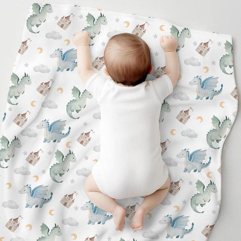 Cstdyfrv 60x80in Cute Baby Dragons Castle Baby Blankets for Boys Girls Watercolor Fairytale Dragon Moon Stars Soft