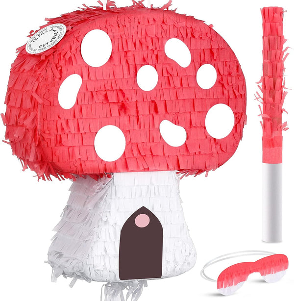 Charniol Mushroom Pinata with Stick and Blindfold, Paper, Baby Shower, Fantasy Theme Decoration