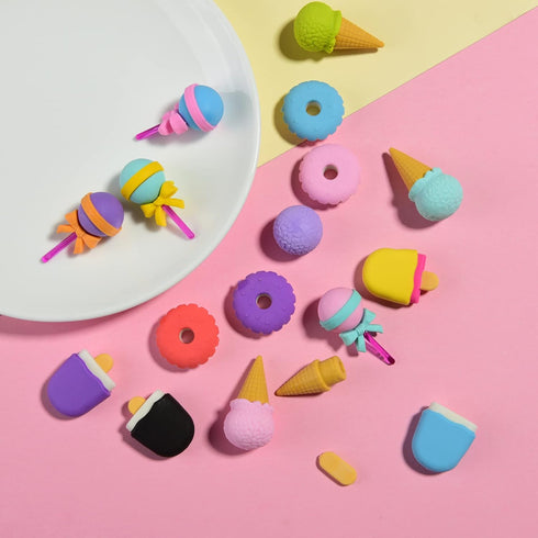 Food Erasers for Kids – 16 Pcs 3D Cute Mini Ice Cream Donut Take Apart Erasers, Fun Puzzle Desk Pet Erasers
