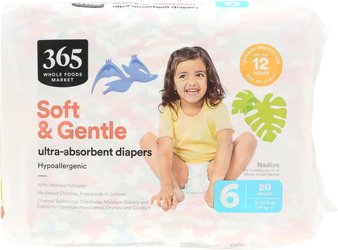 365 6 20 Count by Whole Foods Market, Soft & Gentle Size Diapers with Wetness Indicator, Ultra-Absorbent