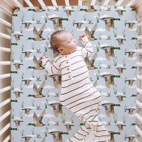 52" 28" HawSkgFub Duck Hunting Mallard Hunter Fitted Standard Crib Sheet for Baby Boy, Wild Animal Bird Reeds Blue