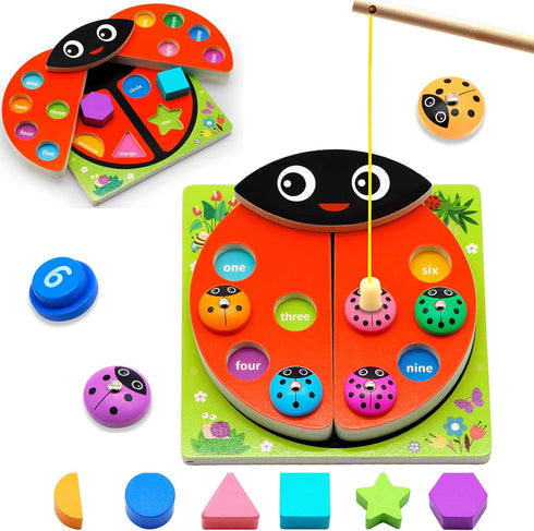 MOONTOY Toddler Wooden Counting Ladybug Montessori Toys, Birthday Gift Magnetic Fishing Game for Kids