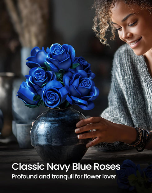 iATOM Set, 12Pcs Blue Rose Bouquet Building Flowers Botanical Collection for Adults