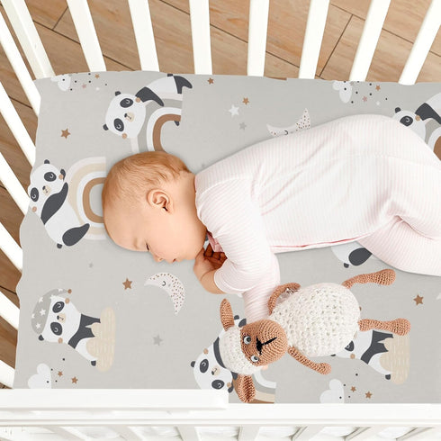 CaTaKu 28"x 52" Pandas Rainbows Clouds Mini Crib Sheets for Girls Boys Baby Mattress Sheets Fitted, Soft Toddler