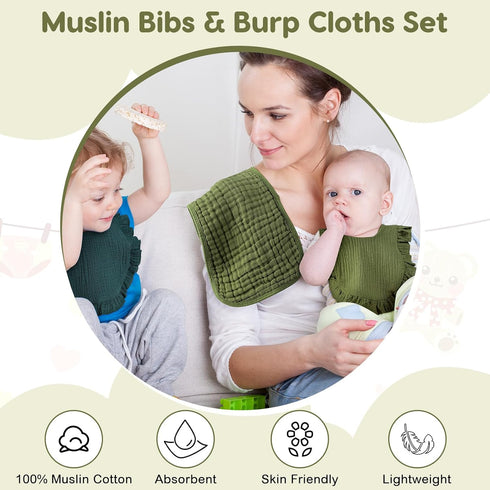 12 Set Newcotte Pcs Baby Muslin Bibs and Burp Cloths Cotton Absorbent Baby Bibs Burping Cloths for Toddler Unisex Girls