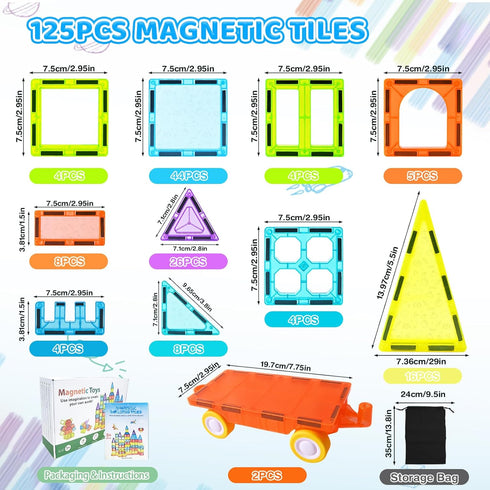 HOTERA 125PCS Set 3D 2 3 4 5 6 7 8 9 Magnetic Tiles Magnetic Building Blocks Magnet Tiles with Cars STEM Educational