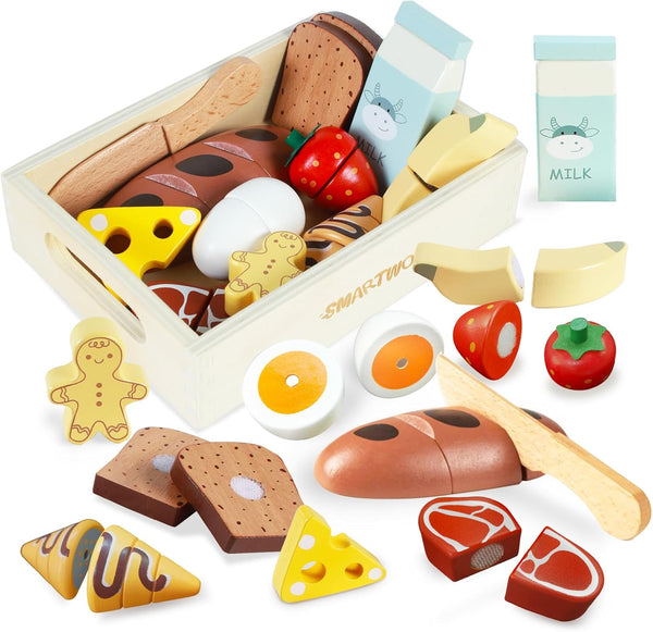 Wooden Play Food Sets for Kids Kitchen, Breakfast Food Toys for Toddlers