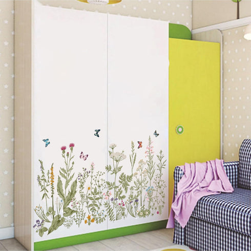 BWCXXZH Wildflower Grass Wall Decals Butterflies Stickers Dragonflies Floral Wall Murals Peel and Stick Wall Art Decor