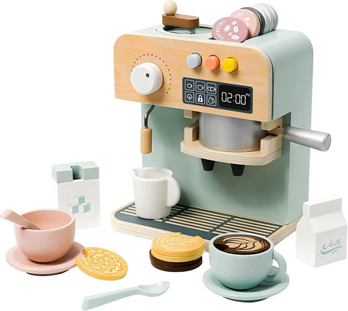 Kids Coffee Maker Playset, 23PCS Wooden Kitchen Toys, Play Kitchen Accessories for