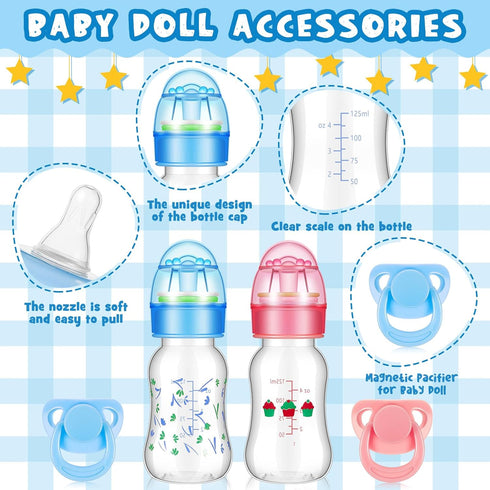 Jexine 4 Pieces Reborn Baby Doll Accessories, 2 Magnetic Pacifiers and 2 Baby Bottles in Random Patterns (Pink and Blue)