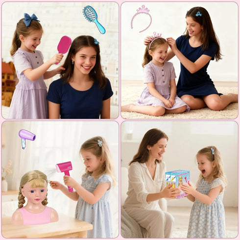 3 4 5 6 7 8 Doll Head for Hair Styling Kids, Pretend Play Hair Salon Toys for Girls with Hairdryer Hair Accessories