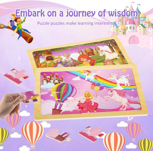 Wooden Puzzles Toys for Kids Ages 3-5, Set of 4 Packs with 20-Piece Unicorn Mermaid Princess Jigsaw Puzzles,