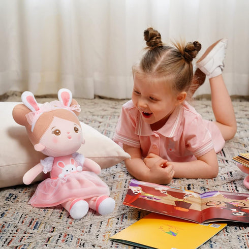 OUOZZZ Soft Baby Doll for Girls, My First Baby Doll Birthday Gift, Plush Rag Doll Bunny in Pink Dress