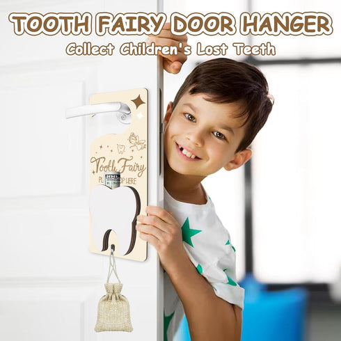 Tooth Fairy Door Hanger, Tooth Fairy Tooth Holder Kit with Money Slot Keepsake Bottle Burlap Pouch & Upgrade Night