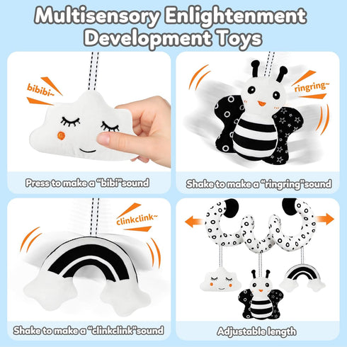 0-6 0 3 6 9 Car Seat Toy,Stroller Toys,Car Seat Toys for Babies months Boy Girl,Spiral Hanging Stroller Black and White