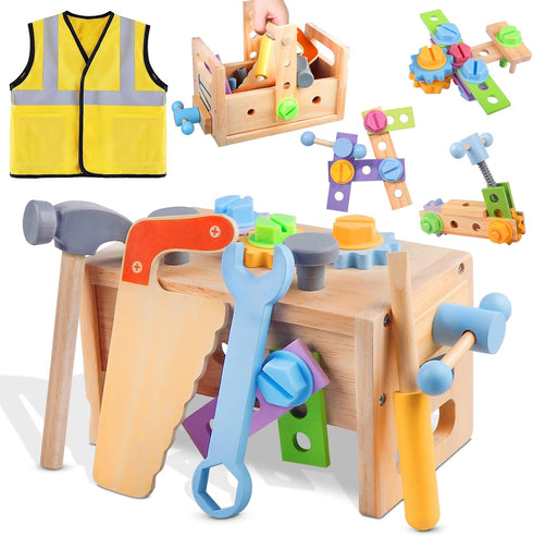 Aliex Wooden Kids Tool Set, 30pcs Toy Tools for Toddlers with Vest,