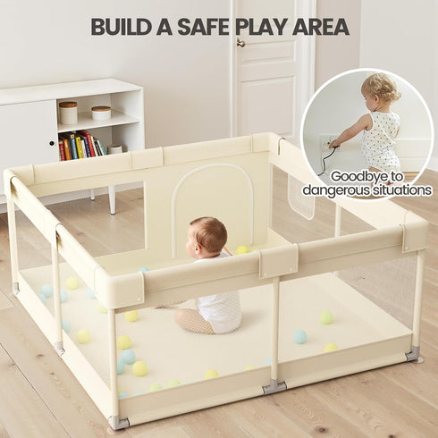 47x47in Uanlauo Beige Small Baby Playpen - Playpen for Babies and Toddlers, Safe Indoor Play Pen, Baby Pen with Storage