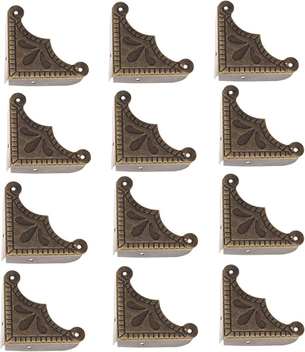 dophee Antique Brass Box Corner Covers, Decorative Protectors for Jewelry Box, Chest, Table, 1.53"x1.53"x1.97"(12-Pack)