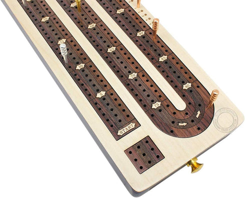 3 Track Continuous Cribbage Board Inlaid in Rosewood, Maple Wood, 12.5 Inches with Storage Drawer for Pegs