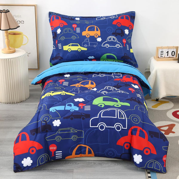 Wowelife Car Toddler Bedding Set for Boys, 4 Pieces Blue Toddler Bed