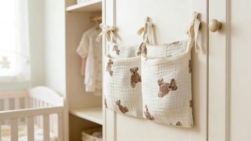 JUSTAUS Bedside hanging bag for storing baby milk bottles and blankets - Baby diaper folding bed organizer bag - White