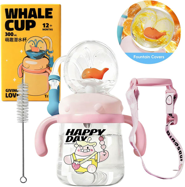 Comobebe Whale Fountain Cup for Kids Toddlers: 10oz/300ml Spill Proof Toddler Sippy,Straw